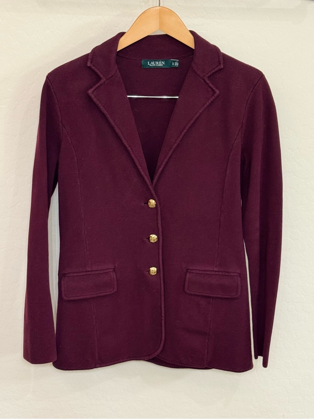 Lauren Ralph Lauren Burgundy Knit Blazer Jacket Gold Crest Buttons Large